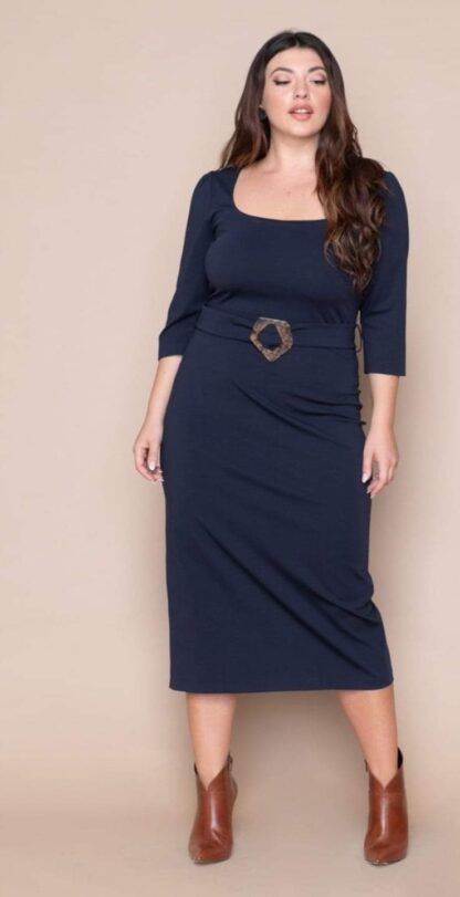 Φόρεμα Kyara Midi μονόχρωμο με ζώνη και μανίκ