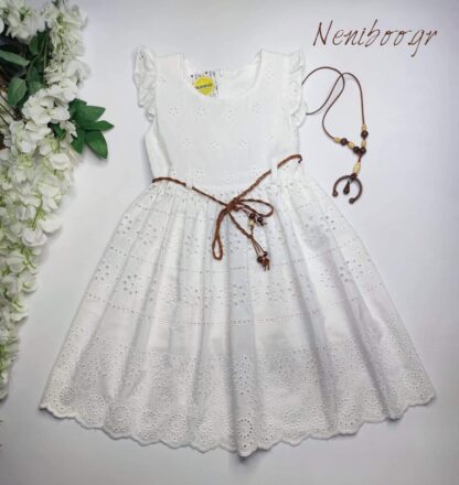 Φόρεμα Λευκό Με Κεντητά Σχέδια Και Ζώνη