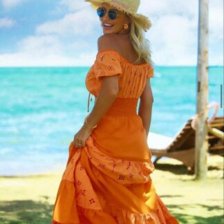 Φόρεμα Πορτοκαλί Με Κηπούρ Λεπτομέρειες
