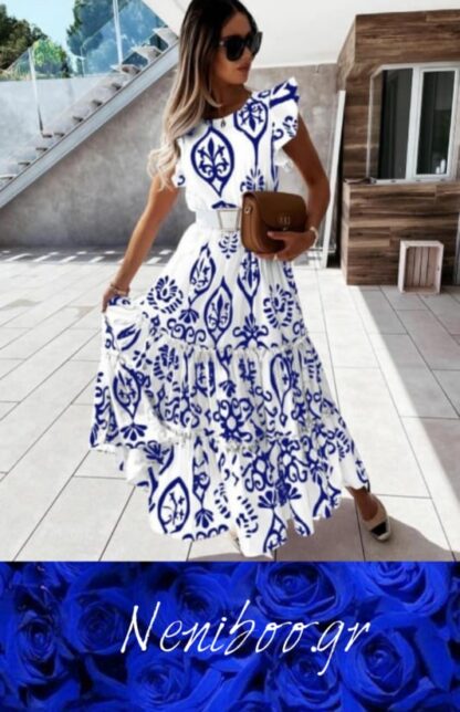 Φόρεμα Maxi Λευκό-Μπλε Με Βολάν